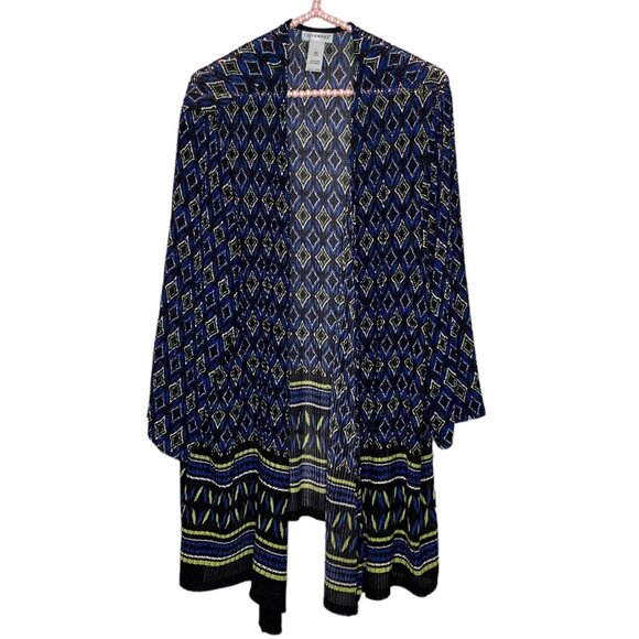 Catherines 2X Black Green Blue Stretch Open Knit 3/4 Sleeve Geo Cardigan Sweater - Picture 1 of 3